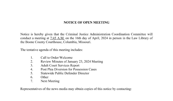 Notice of Open Meeting | Criminal Justice Administration Coordination Committee